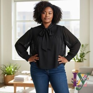 Zara Black Sheer Pleated Blouse Neck Bow Flowy Top Size Large L Office Siren Lux